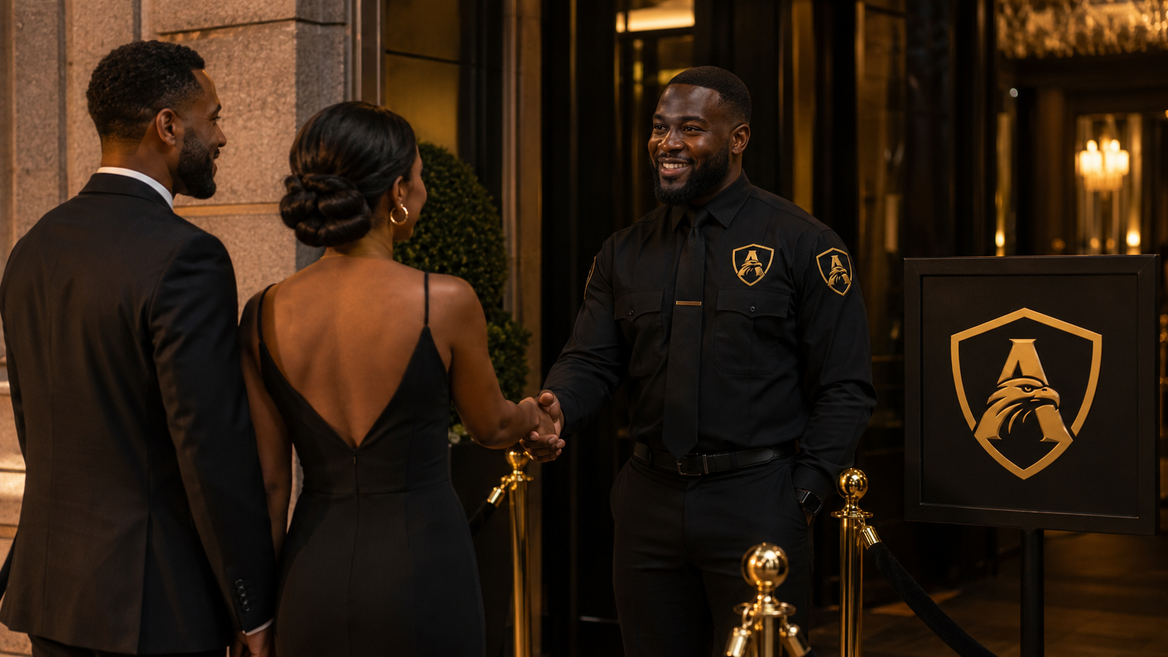 Averon officer welcoming guests at an evening event entrance