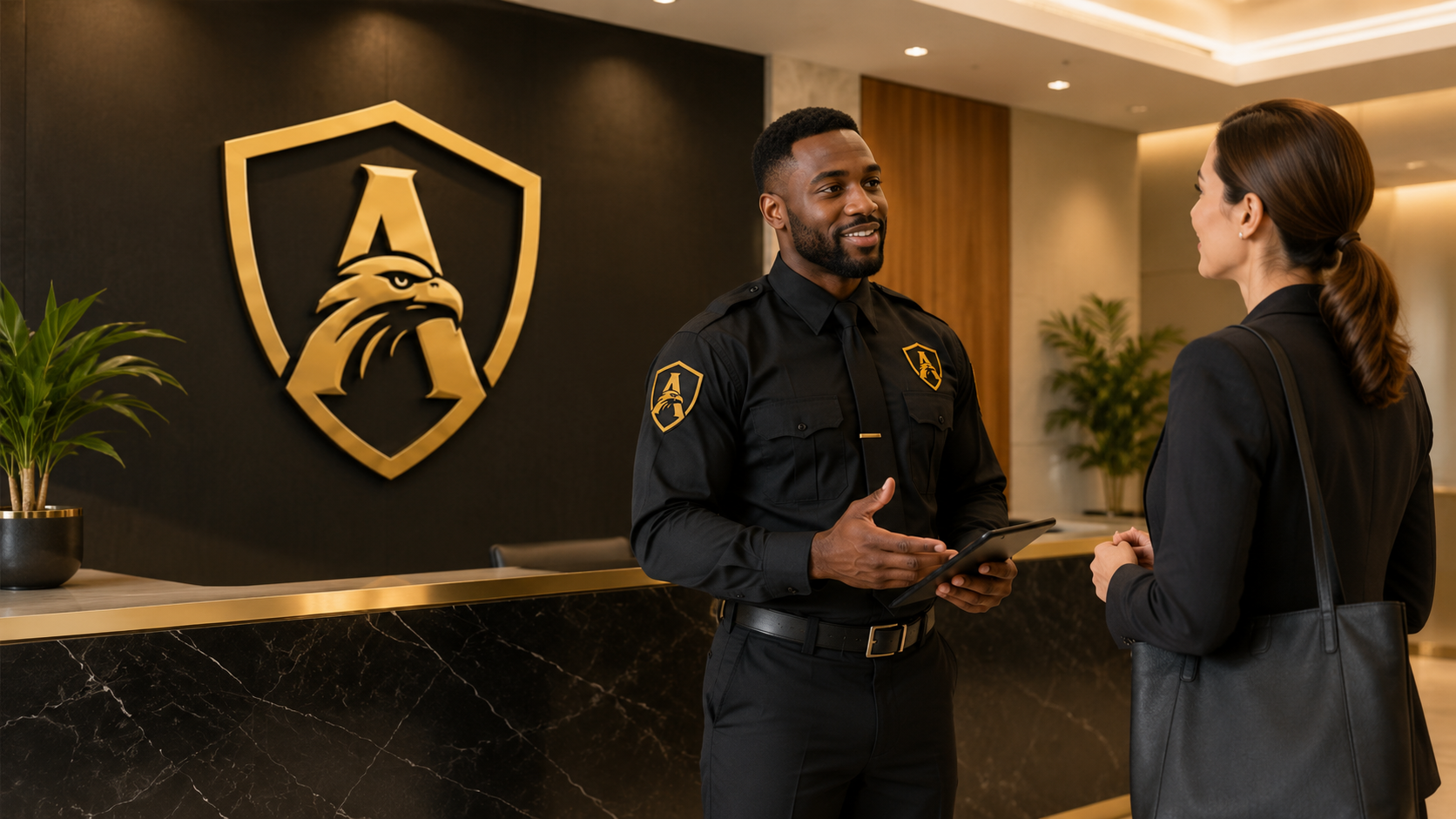 Averon officer reviewing details with a client at a lobby reception desk